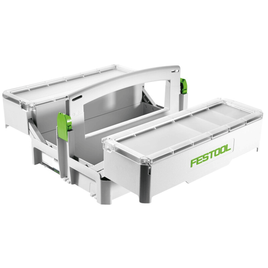Compact gray plastic storage box with green hinges and removable trays for woodworking tools and workshop organization