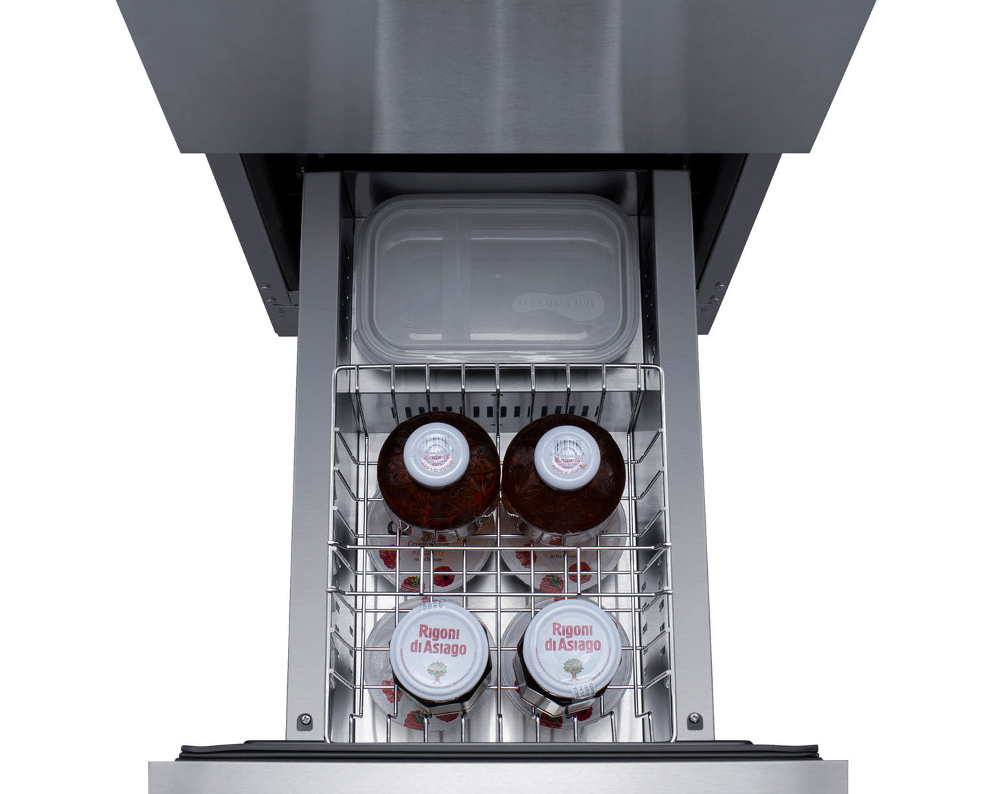 Opened stainless steel 2-drawer refrigerator showing organized drinks and food container inside in kitchen setting