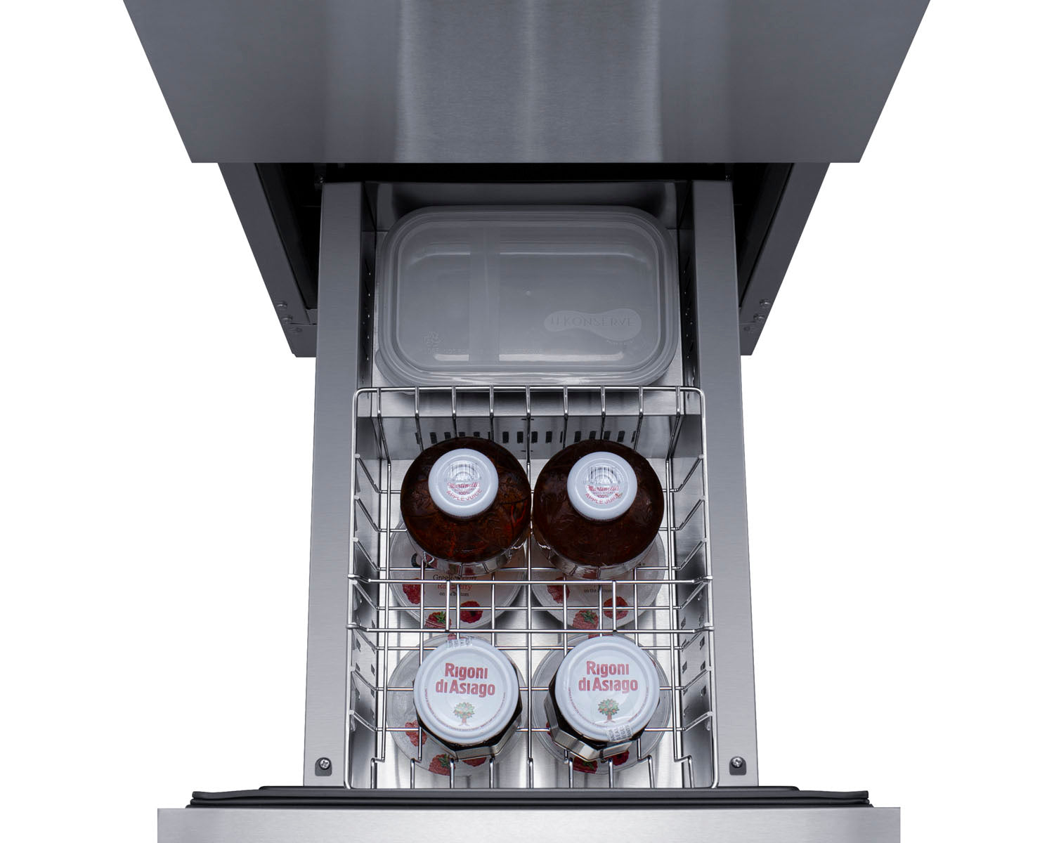 Opened stainless steel 2-drawer refrigerator showing organized drinks and food container inside in kitchen setting