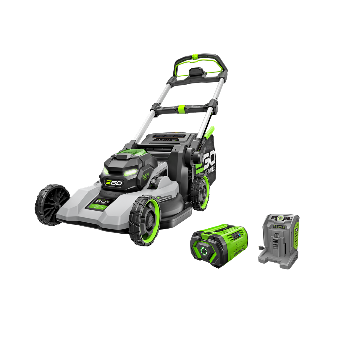 Cordless green and gray lawn mower with rechargeable battery and charger for home improvement and yard care tasks