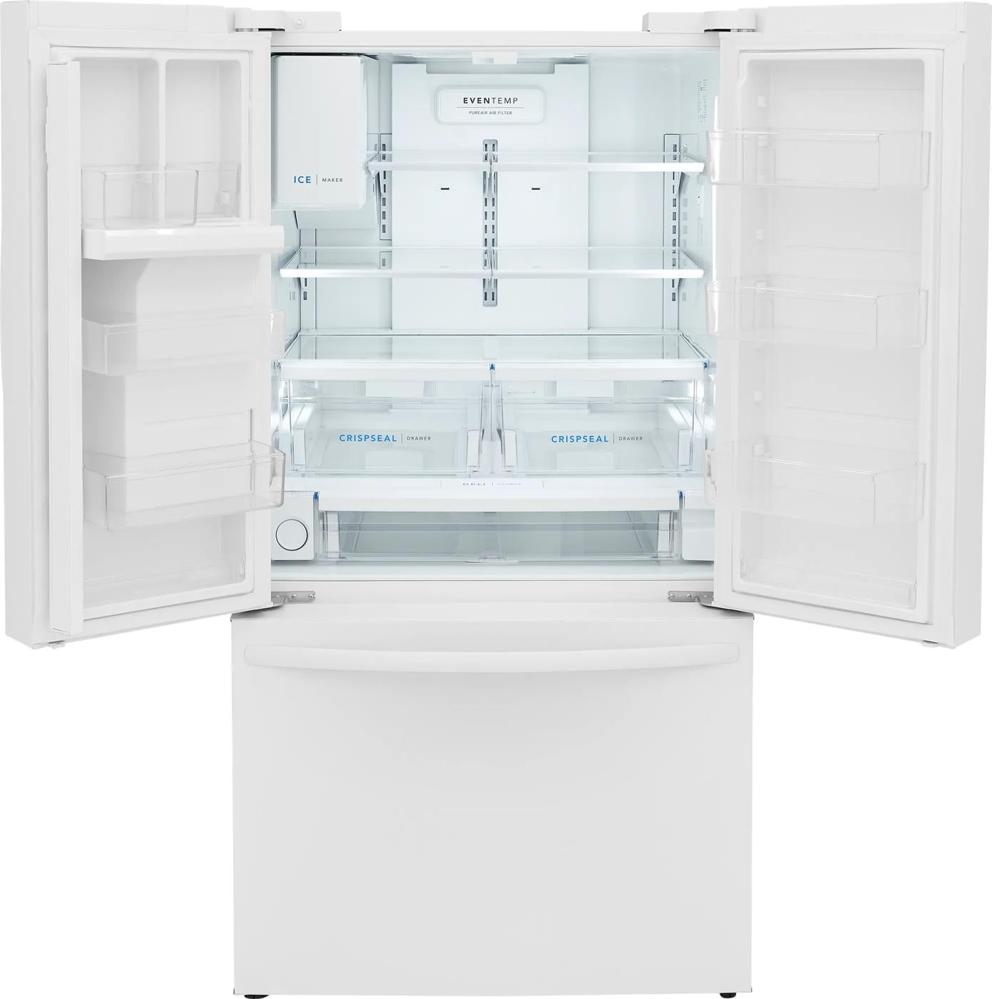 Open white French door refrigerator with adjustable glass shelves, CrispSeal® drawers, and spacious bottom freezer from appliances collection
