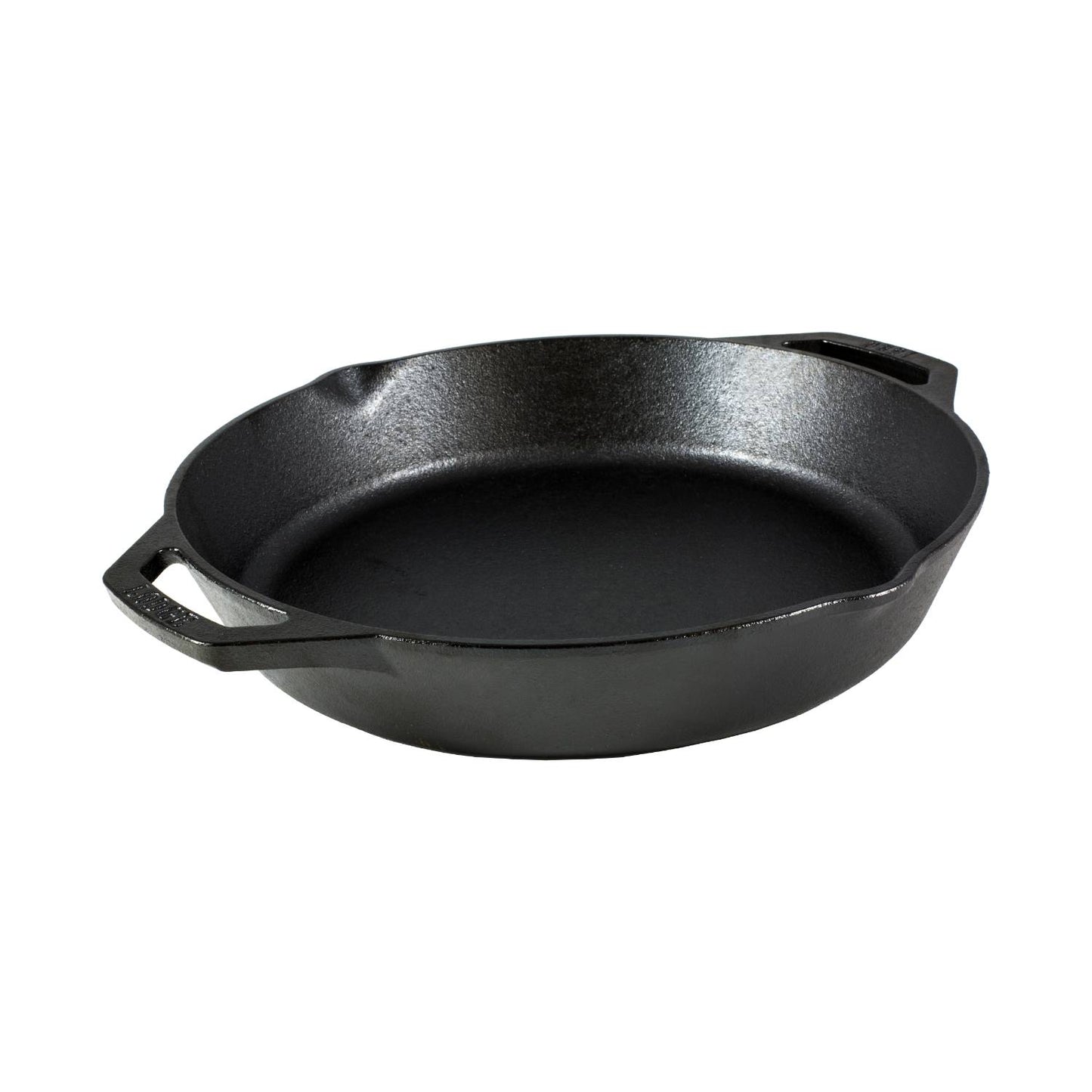 Black cast iron round pan with short handles suitable for grilling and oven use in kitchenware under $50 collection