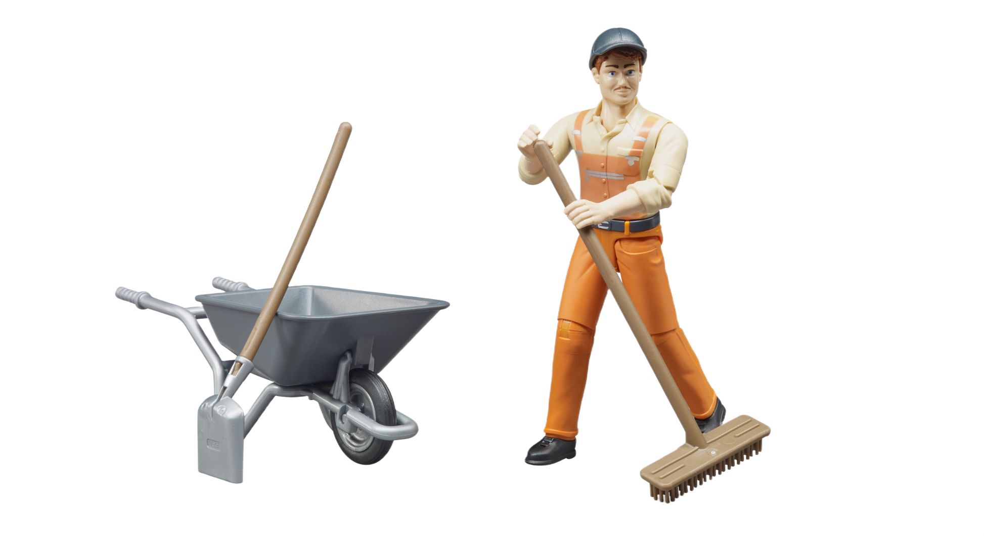 Figure of municipal worker in orange overalls sweeping with push broom next to gray wheelbarrow and shovel for home improvement tasks