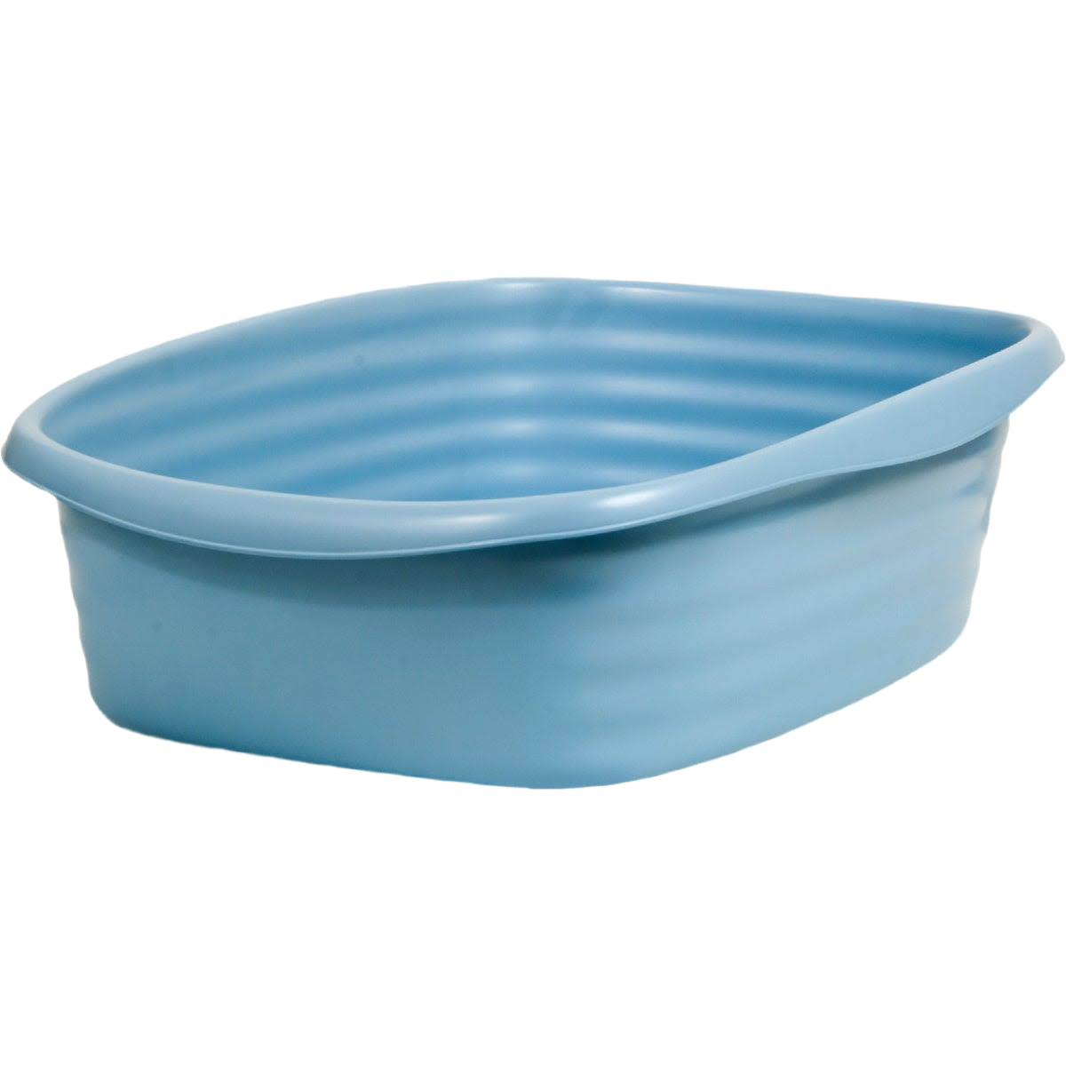 Light blue plastic cat litter box with smooth rounded edges and a medium-sized oval shape