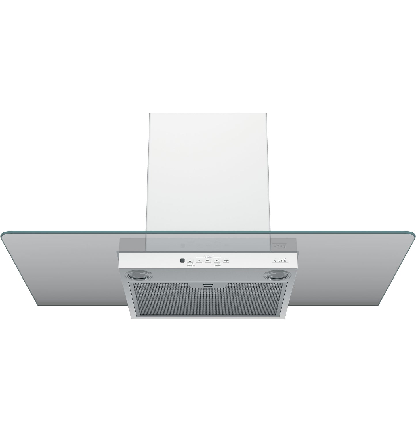 Wall-mount glass canopy chimney hood with stainless steel insert, LED lights, and digital controls in range hoods collection