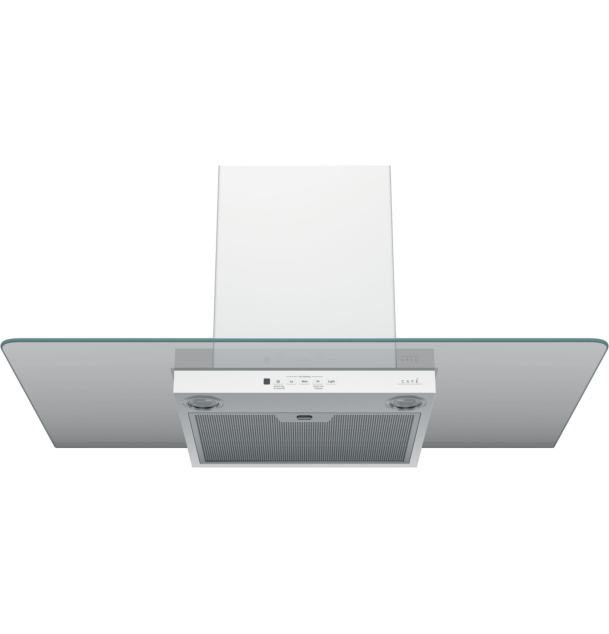 Wall-mount glass canopy chimney hood with stainless steel insert, LED lights, and digital controls in range hoods collection