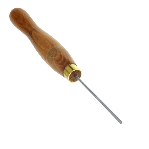 Woodturning spindle gouge with polished wooden handle and forged high-speed steel blade in woodworking tools collection