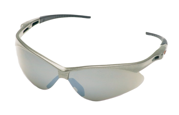 Light gray frameless protective glasses with wraparound lenses designed for outdoor and home improvement use