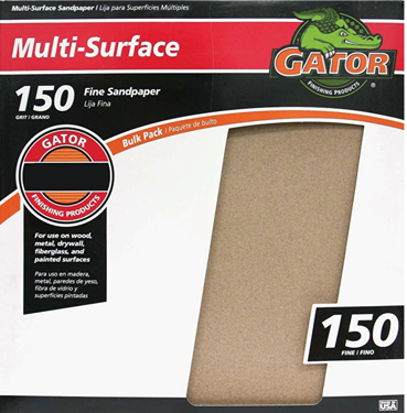 Gator branded 150-grit fine sandpaper sheet for wood, metal, drywall, fiberglass, and painted surface preparation under $50 collection