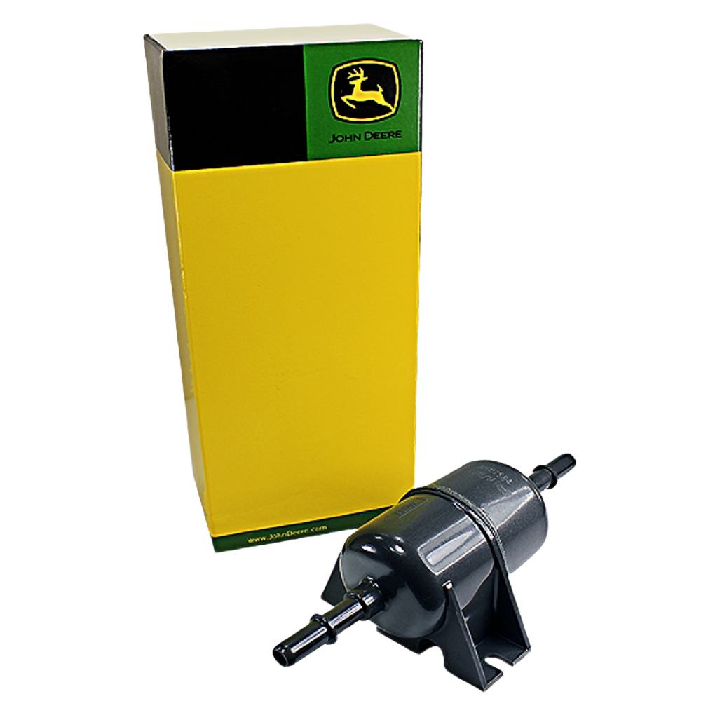 Black inline fuel filter with mounting bracket next to yellow John Deere branded box in parts and lubricants collection