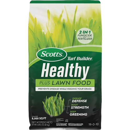 Bag of Scotts Turf Builder Healthy Plus lawn food with fungicide for disease defense and deep greening in lawn care collection