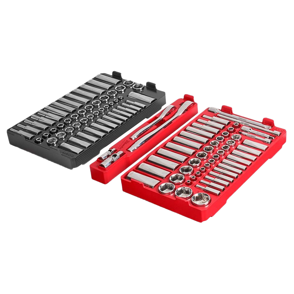 Two stacked trays with metric ratchets, sockets, and tool accessories for home improvement projects.