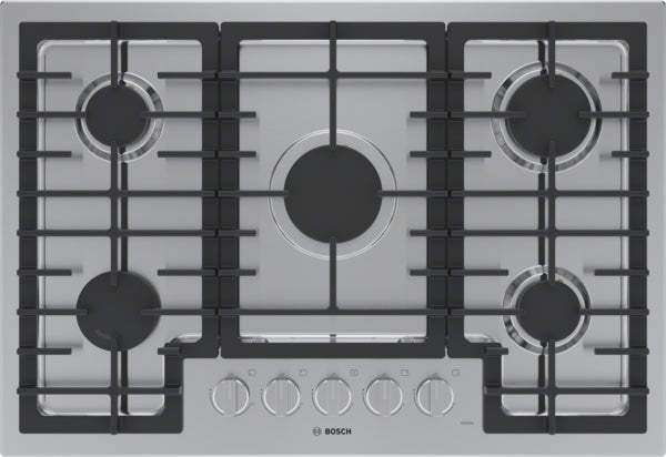 Stainless steel 30-inch gas cooktop with five burners and cast iron grates in modern kitchen appliance setting