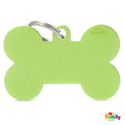 Large green pet bone-shaped ID tag with metal ring for collar attachment and easy pet identification use