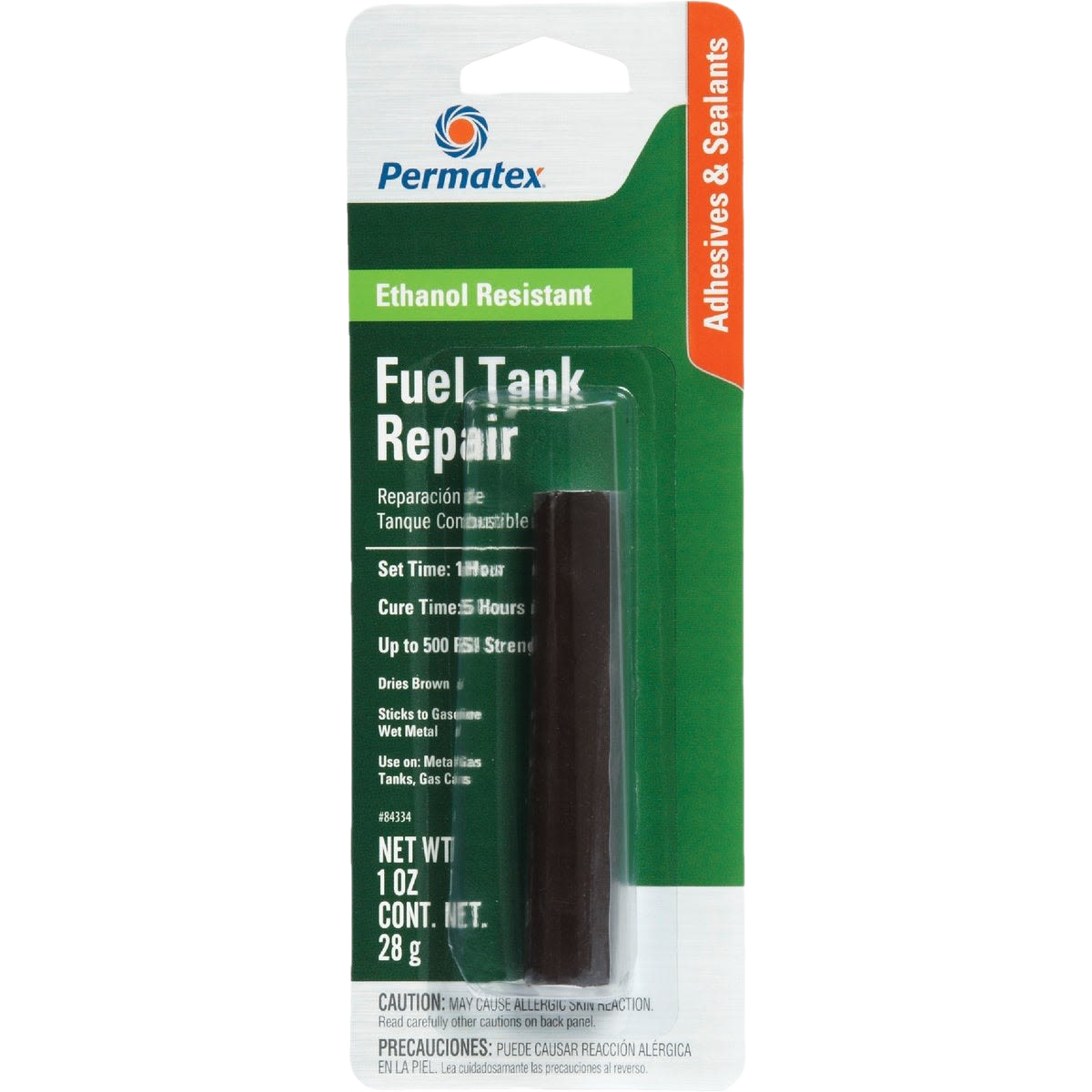 Permatex ethanol resistant fuel tank repair compound in green and white packaging for home improvement use