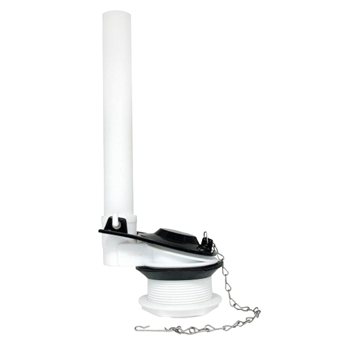 White plastic toilet flush valve assembly with chain and flapper for plumbing parts and repair supplies under $50 collection