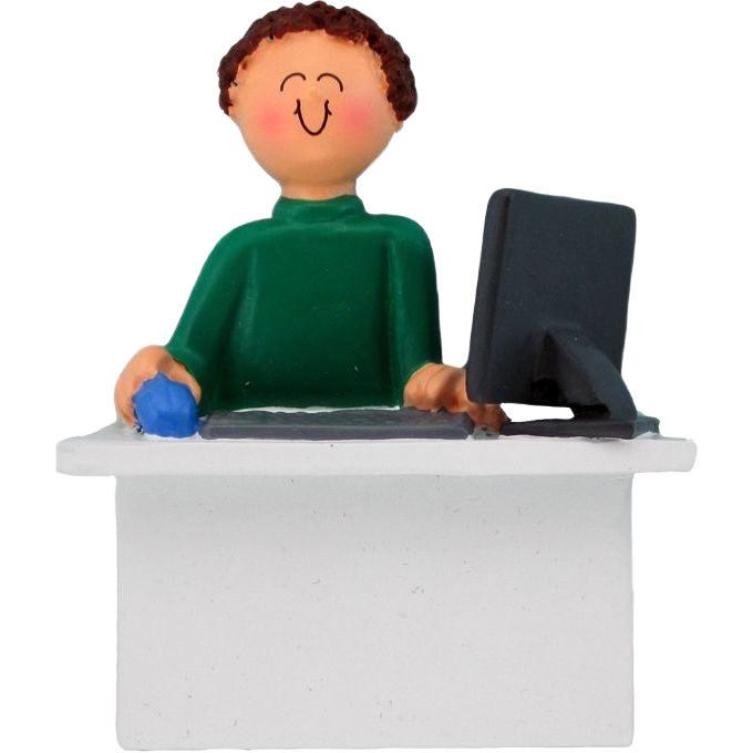 Brunette male figurine at desk with computer and mouse Christmas ornament from under $50 collection