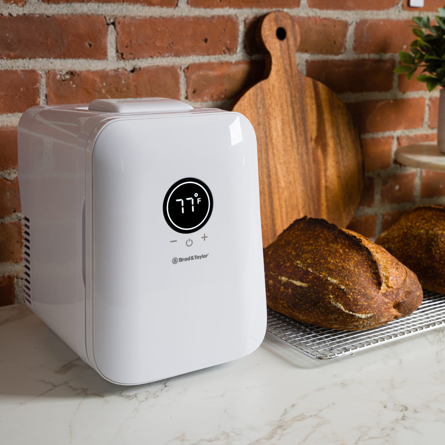 White compact Brod & Taylor appliance with digital display on kitchen counter near cooling bread loaves