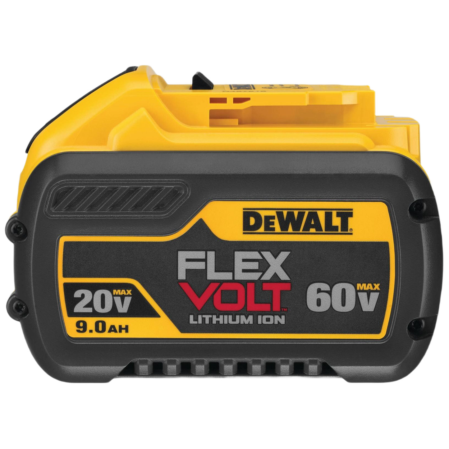Yellow and black lithium-ion FLEXVOLT battery with 20V/60V max power for tools and home improvement tasks