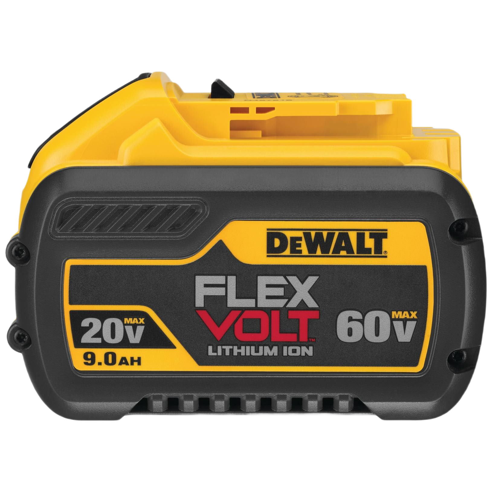 Yellow and black lithium-ion FLEXVOLT battery with 20V/60V max power for tools and home improvement tasks