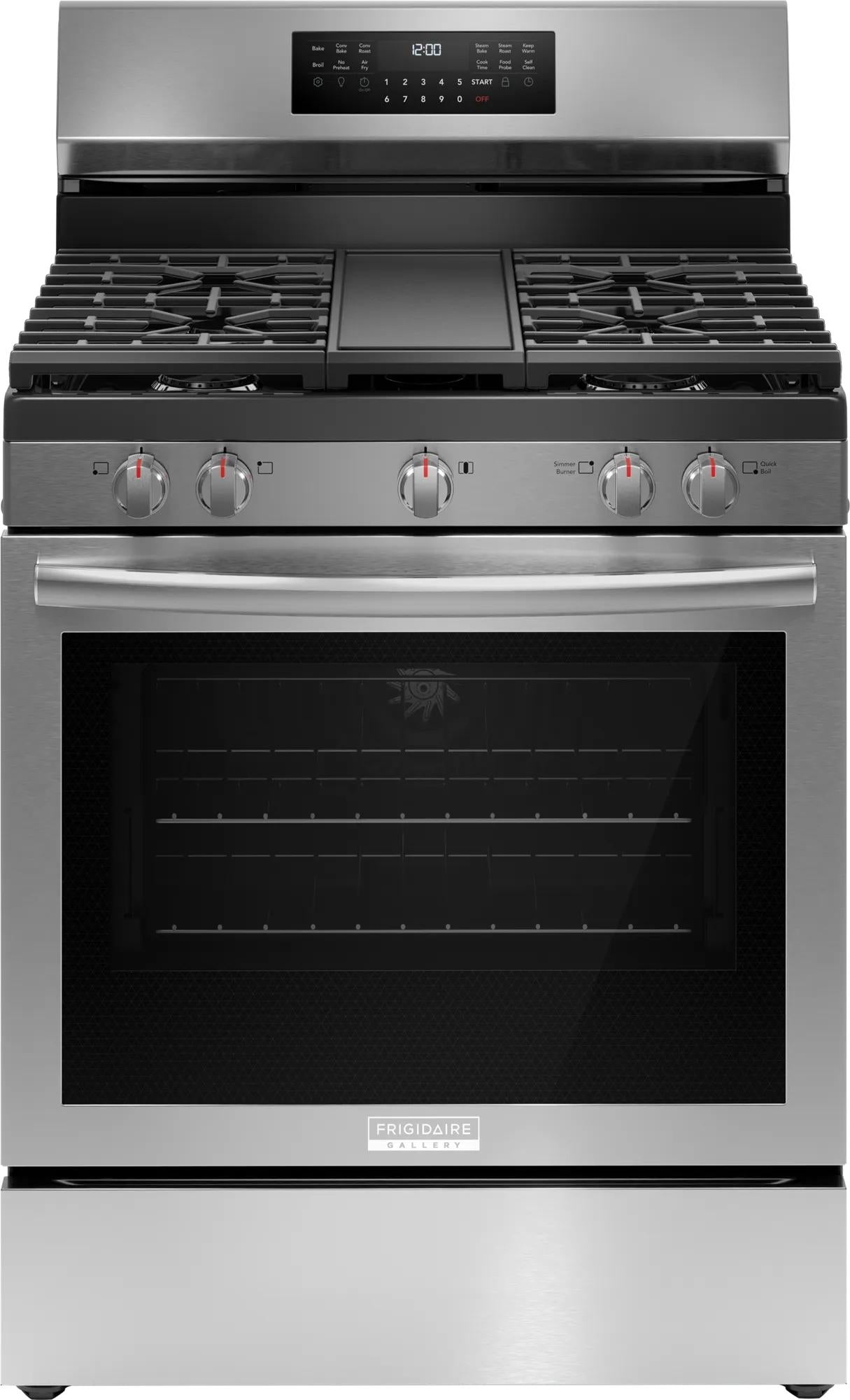 30-inch stainless steel gas range with rear control panel, convection oven, and five burners from Ranges & Kitchenware collection