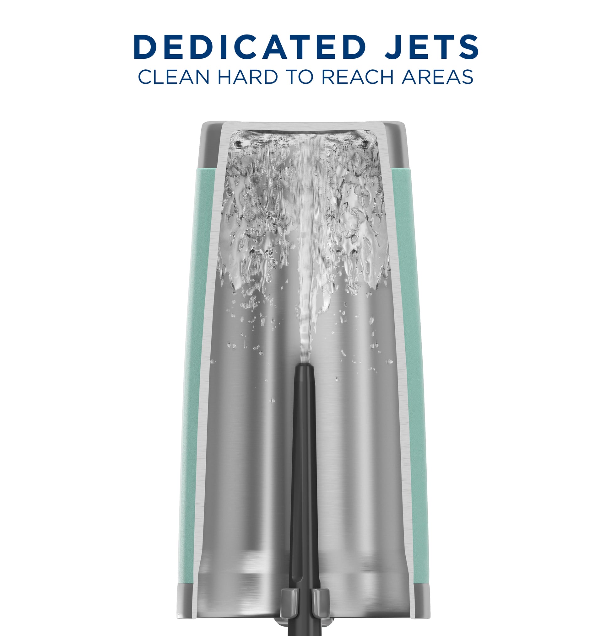 Close-up of dishwasher’s dedicated jet sprays inside stainless steel interior cleaning hard-to-reach areas efficiently