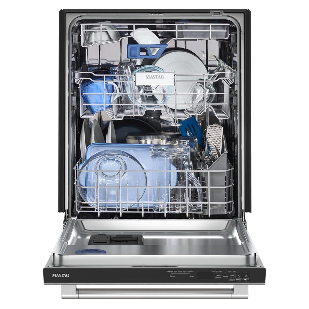 Open top control dishwasher loaded with dishes and kitchenware in stainless steel interior from appliance collection