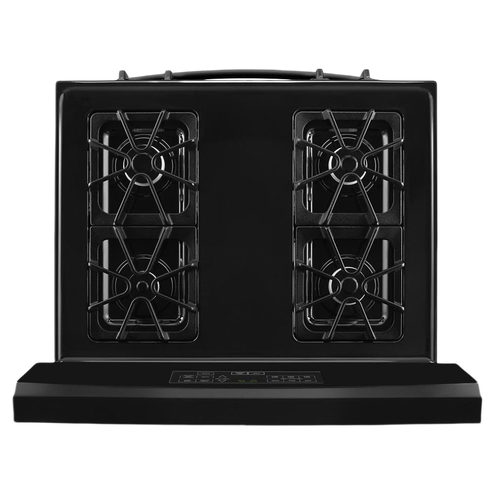 Top view of black electric range cooktop with four burners and digital control panel for kitchen and appliances collections