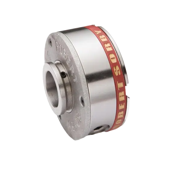 Metal woodturning chuck with engraved red band designed for precise tool holding in home improvement projects