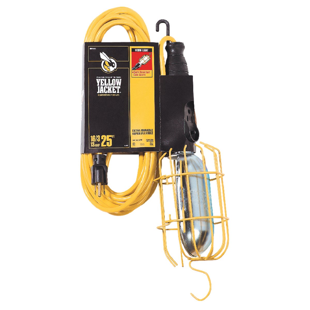 Yellow contractor-grade incandescent trouble light with protective cage and 25-foot cord for electrical and home improvement use