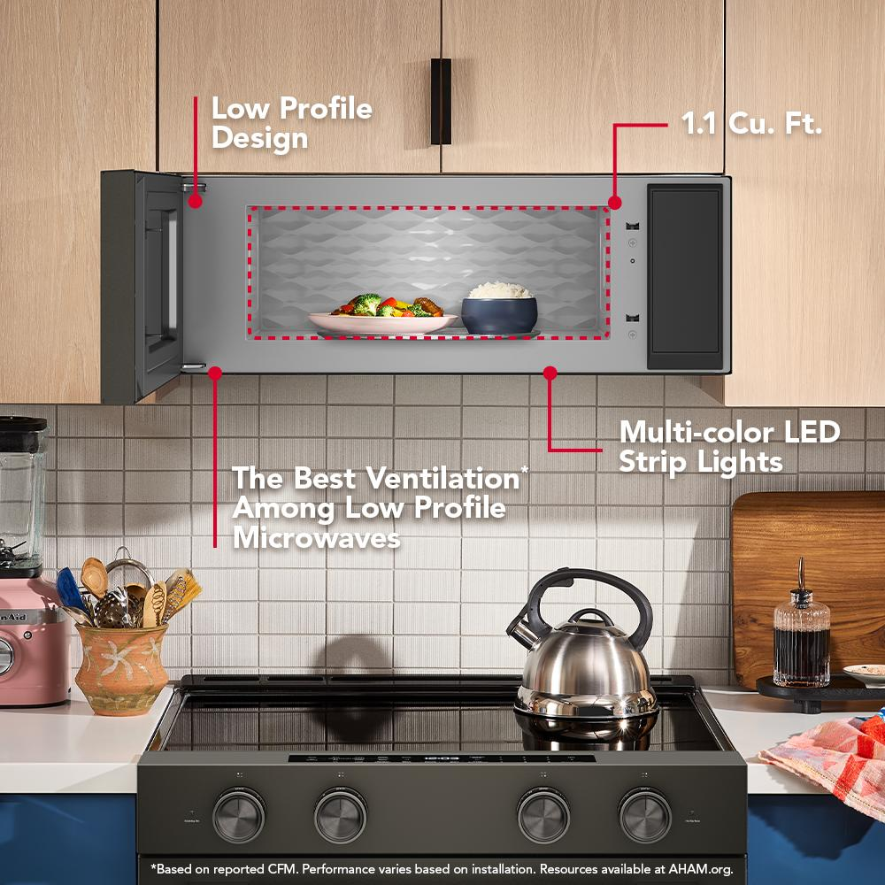 Modern low profile microwave with 1.1 cu. ft. capacity, multi-color LED lights, and enhanced ventilation above stovetop