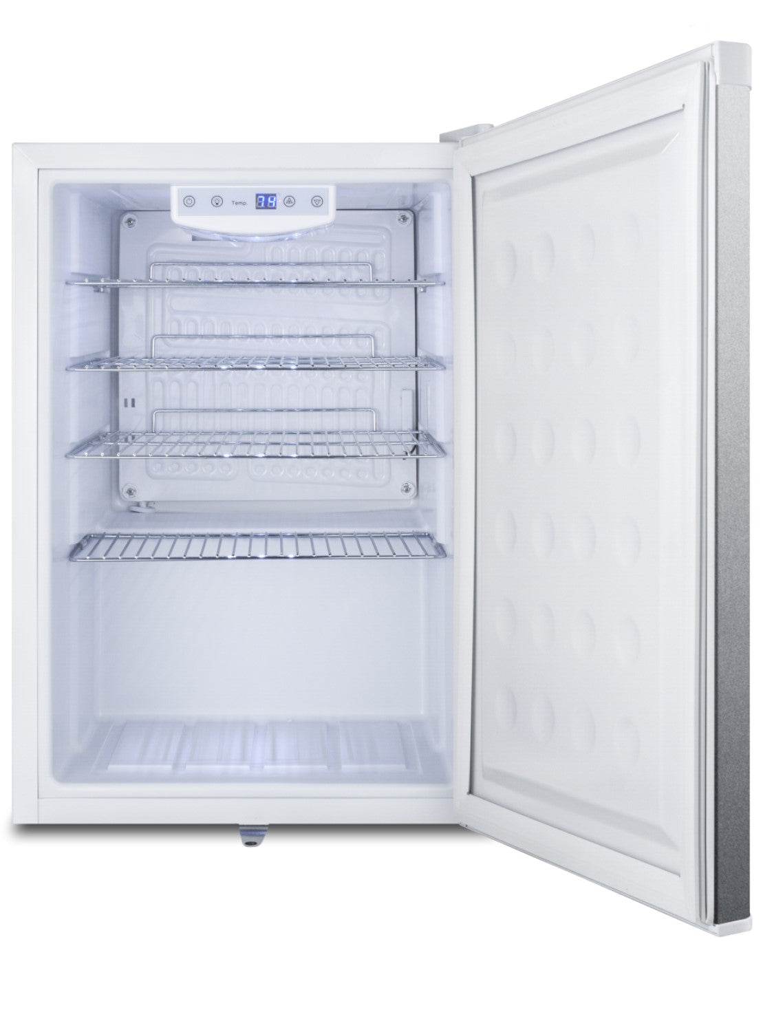 White compact refrigerator with open door showing adjustable wire shelves and digital temperature control panel in appliances collection