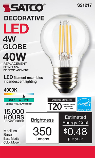 Clear decorative LED globe bulb with cool white 4000K light, medium base, and energy-efficient 350 lumens output for home lighting