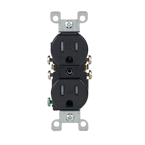 Black tamper-resistant duplex electrical outlet with metal mounting bracket for home improvement and wiring projects