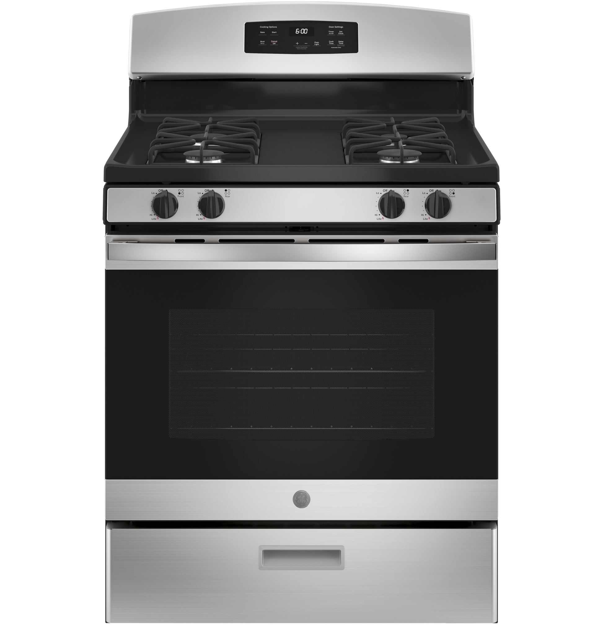 Stainless steel free-standing gas range with four burners, digital display, and oven window, part of kitchen appliances collection