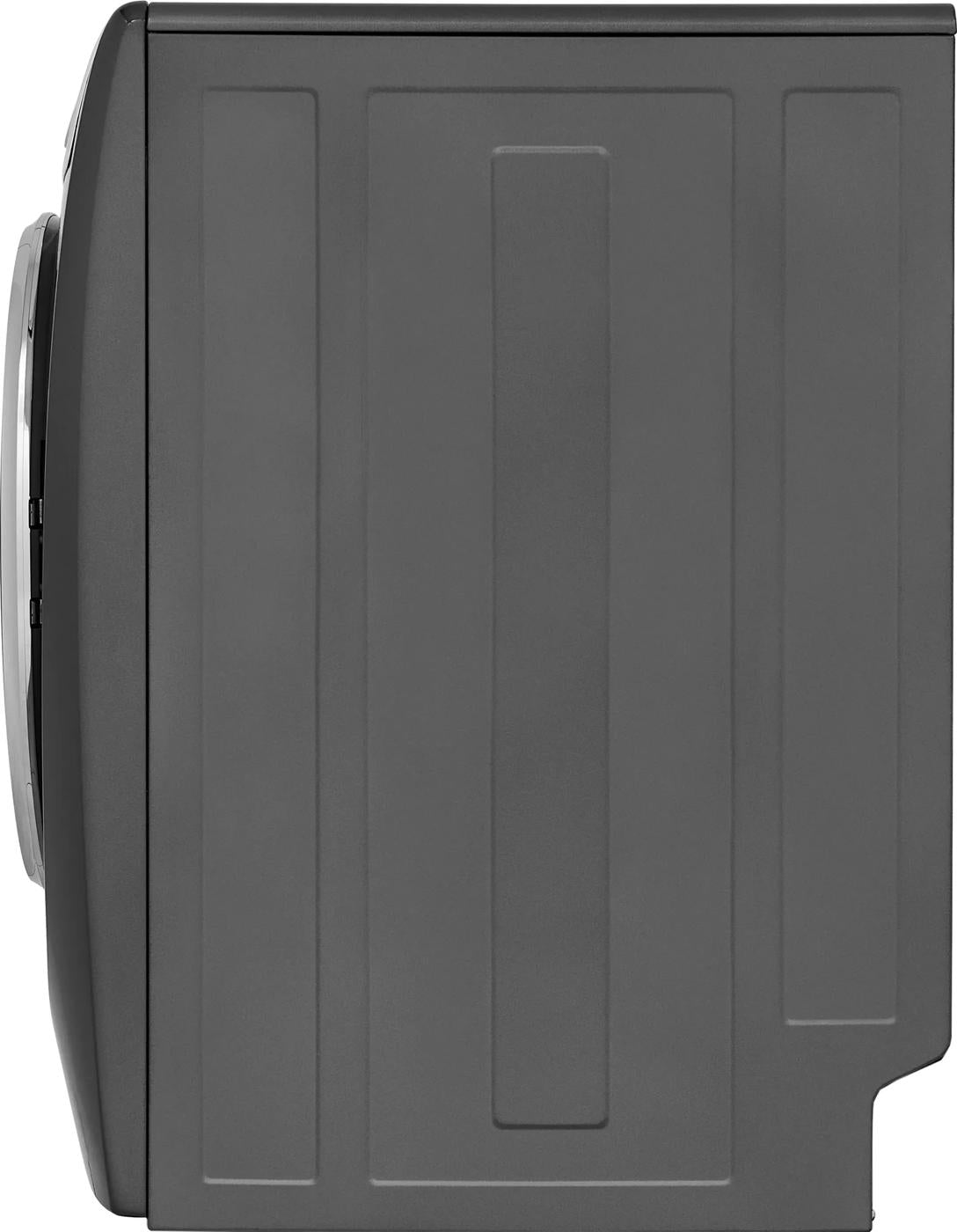 Side view of dark gray front load electric dryer showcased in appliance and dryers collection setting