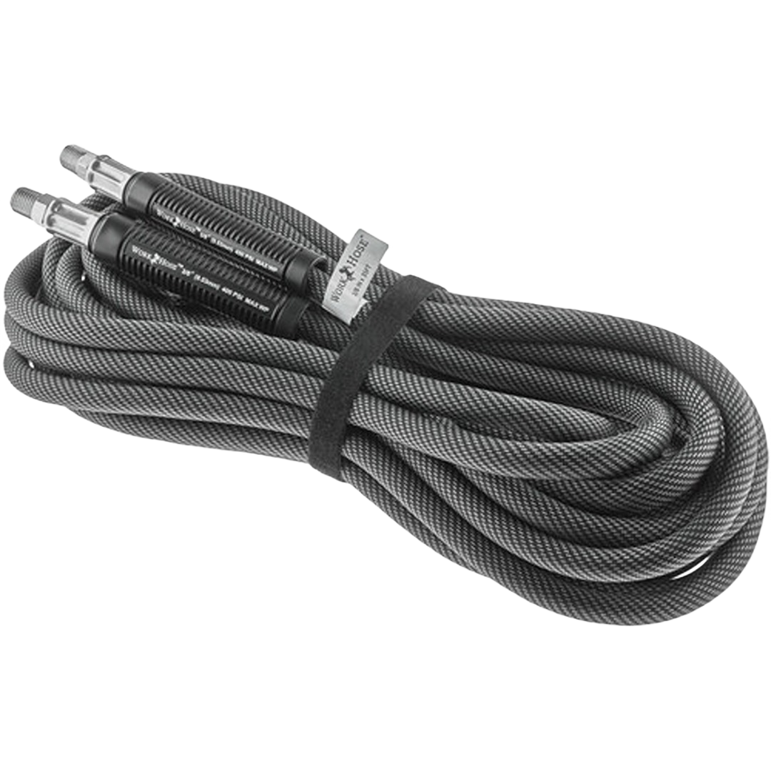 Coiled durable black 3/8 inch air hose with metal fittings for use in air tools and home improvement projects under $100