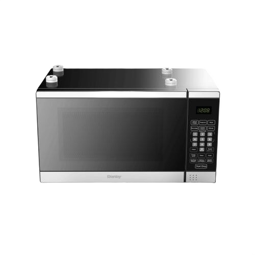 Compact stainless steel microwave with digital keypad and display for efficient use in kitchen and countertop spaces
