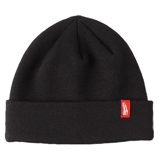 Black rib-knit cuffed beanie with red Milwaukee logo tag, suitable for tools and home improvement environments
