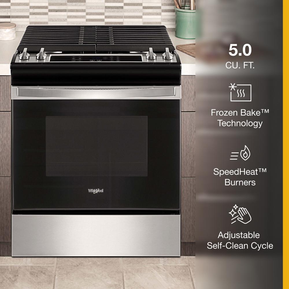 Freestanding stainless steel gas range with cast iron grates and digital controls from Ranges collection