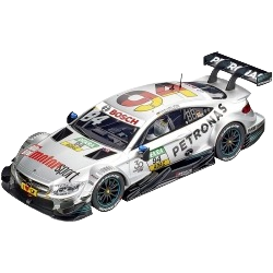 1:32 scale digital slot car of a detailed Mercedes AMG C 63 DTM race car with sponsorship decals and aerodynamic design