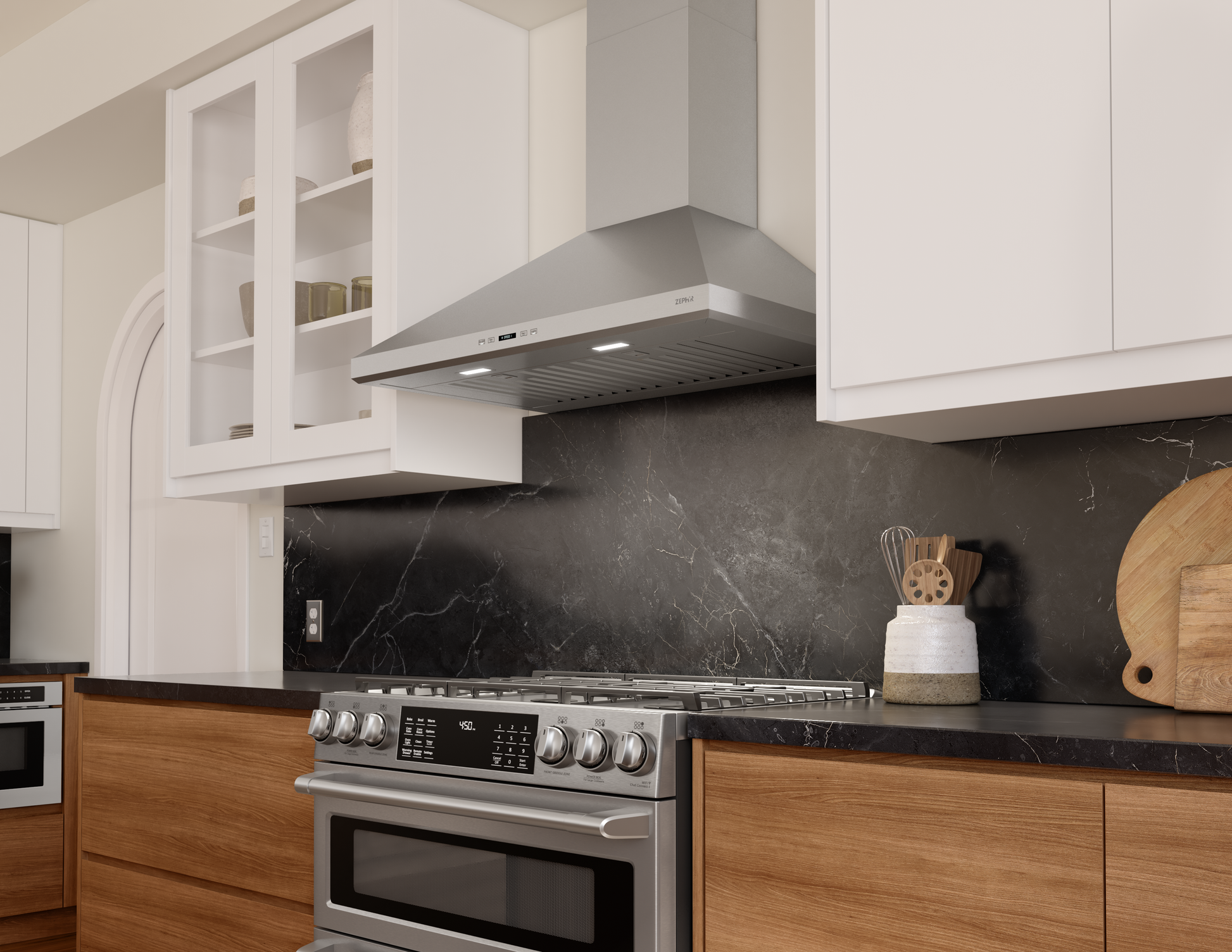 Stainless steel wall-mounted range hood with LED lights and Airflow Control Technology in modern kitchen setting
