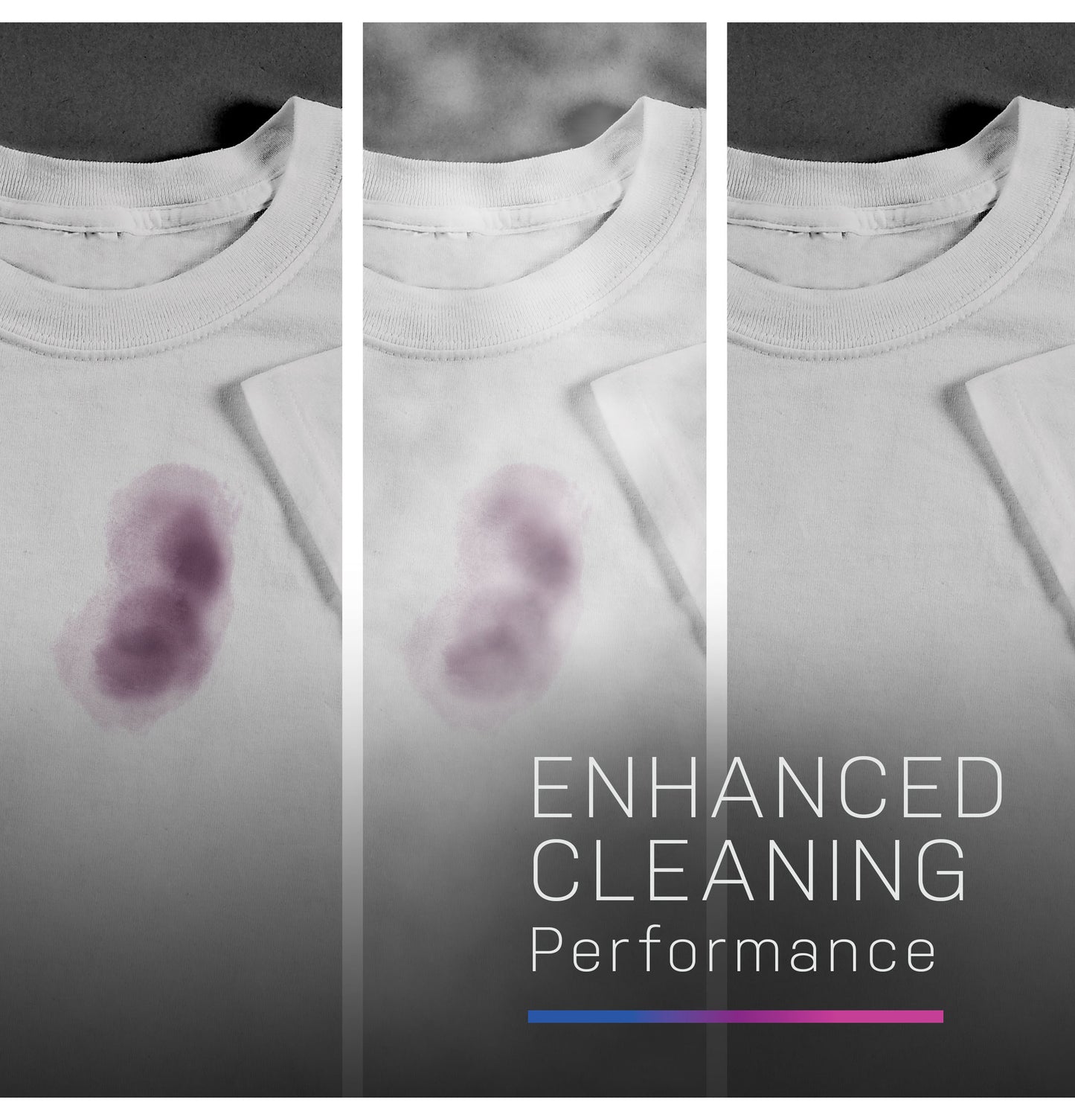 Three-panel image showing progressive stain removal on white shirt with text "Enhanced Cleaning Performance" for washers.