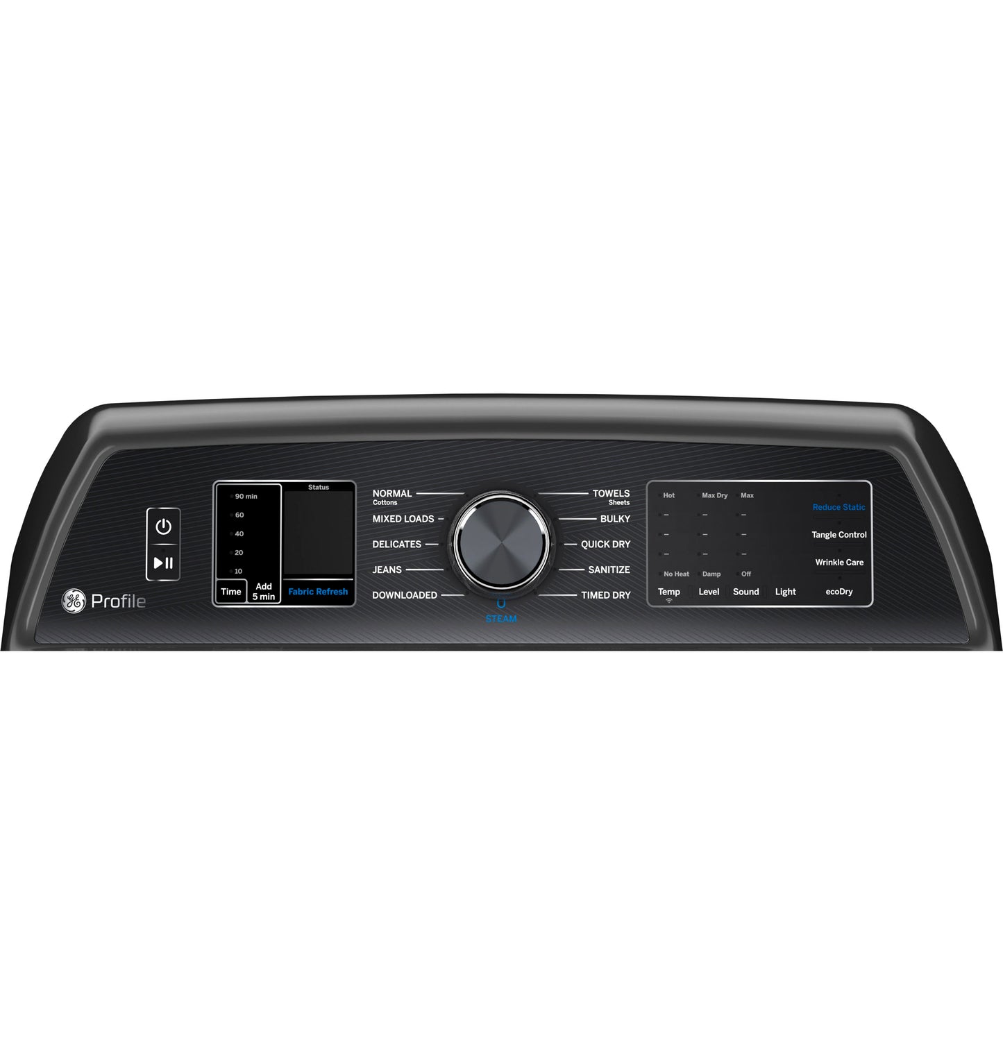 Control panel of black GE Profile smart gas dryer with cycle selector and digital display in Dryers and Appliances collections
