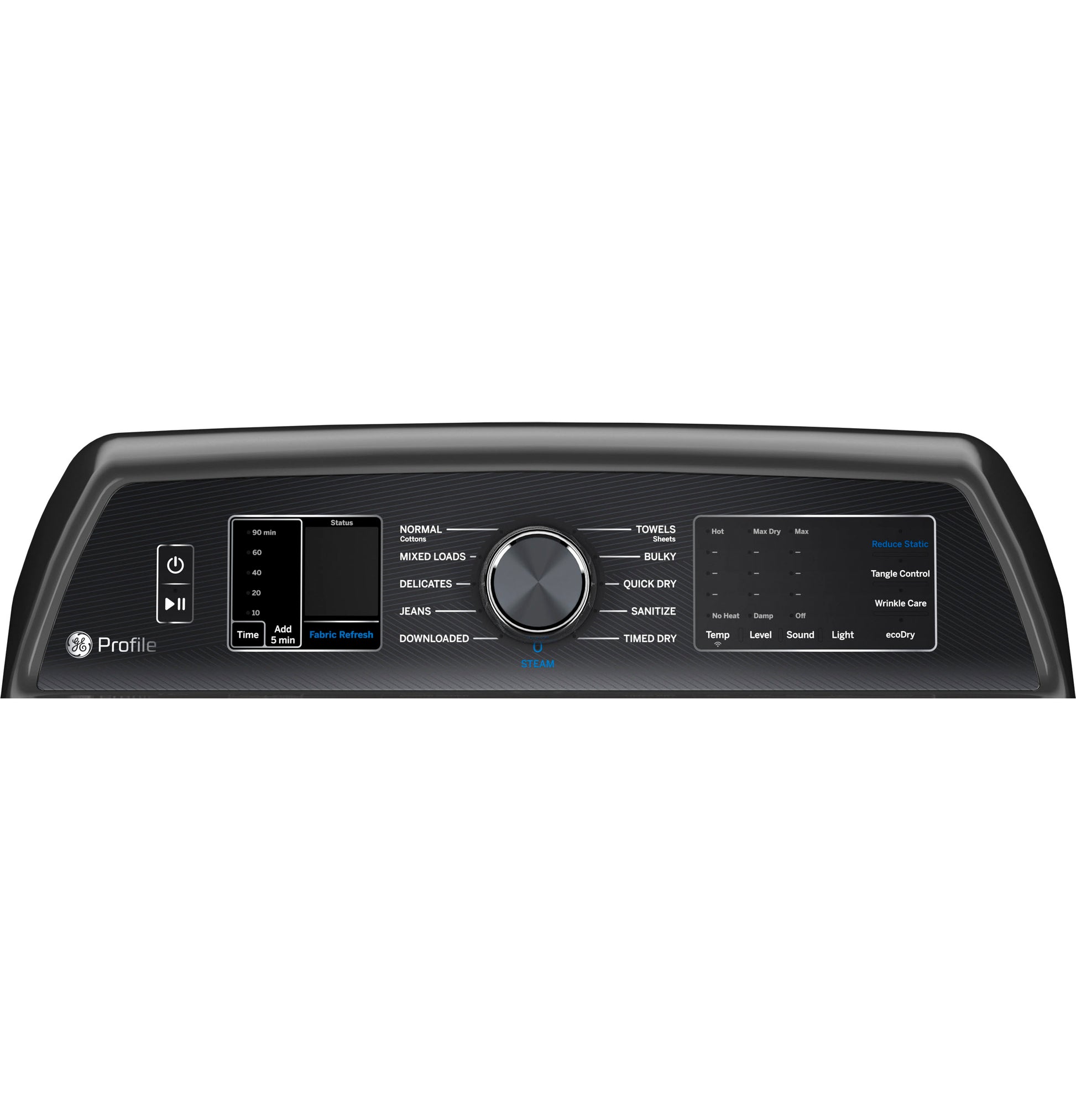 Control panel of black GE Profile smart gas dryer with cycle selector and digital display in Dryers and Appliances collections