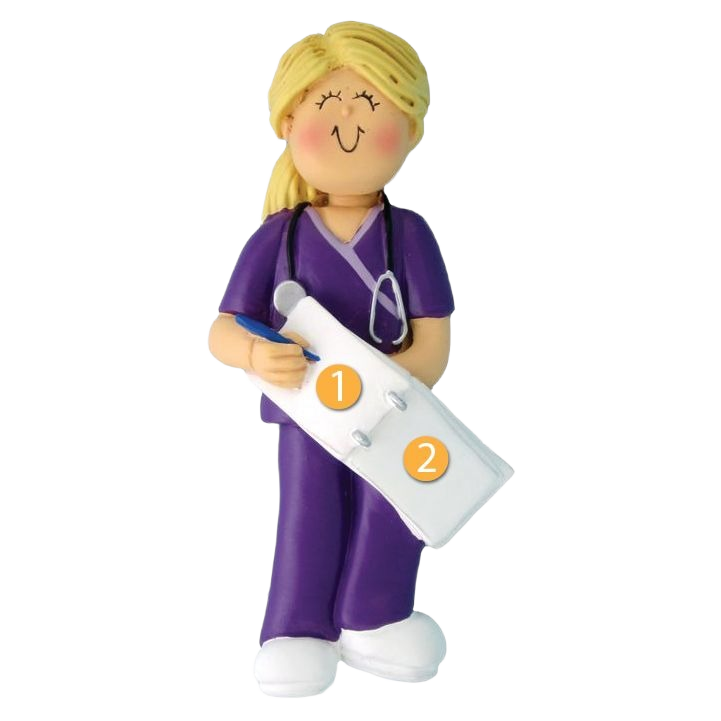 Blonde female nurse figurine in purple scrubs holding clipboard with stethoscope for Christmas tree decor under $50 collection