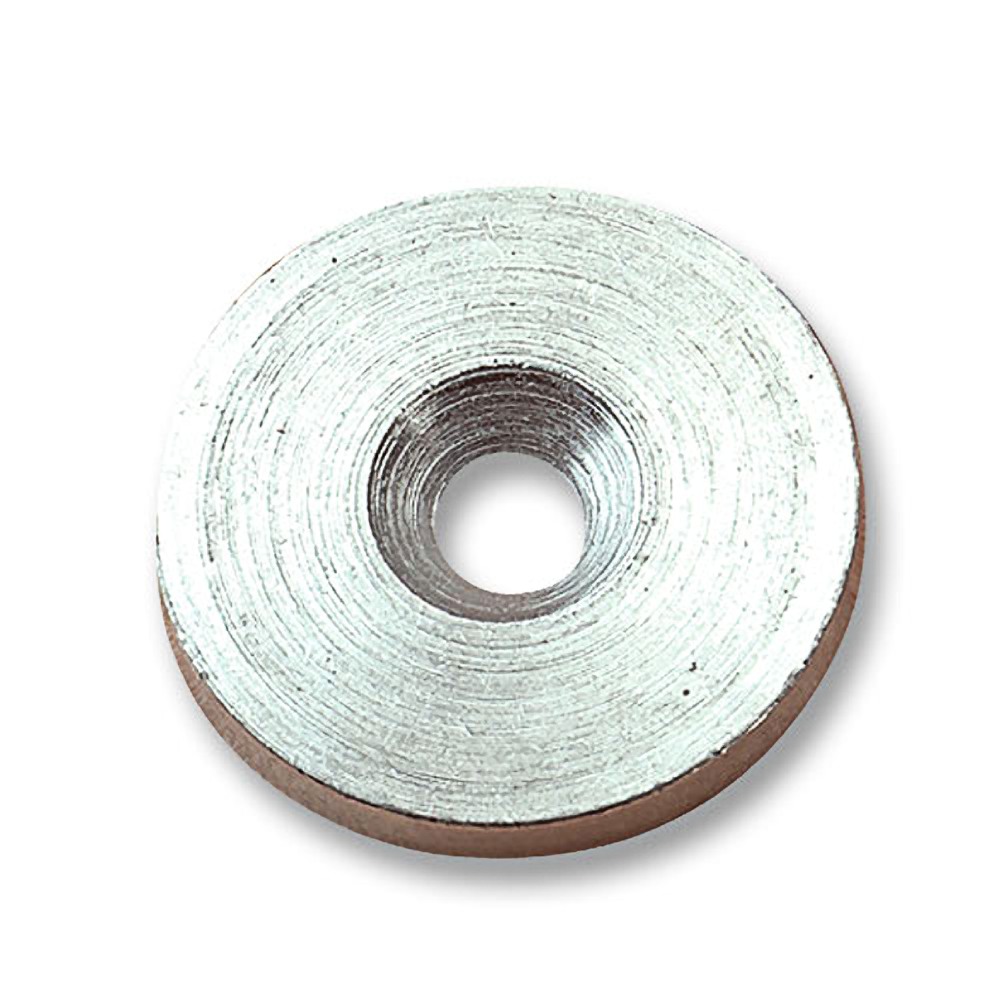 Round steel washer with central hole and smooth metallic surface for hardware and home improvement projects