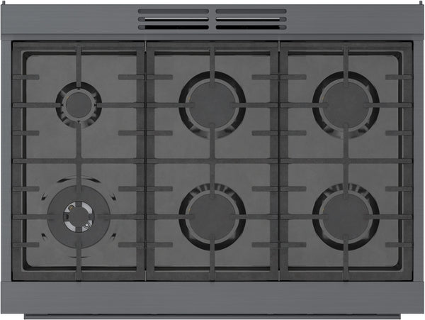 Top view of black porcelain-enameled dual fuel cooktop with six burners and heavy-duty metal grates in kitchenware collection