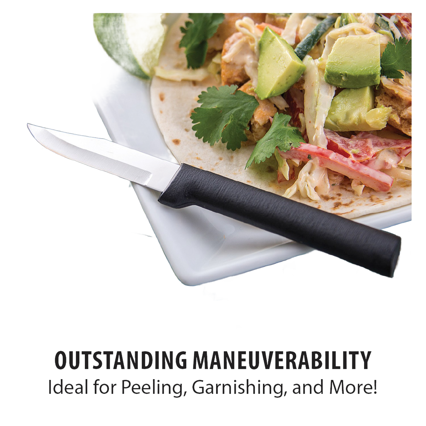 Black peeling paring knife with ergonomic handle displayed on a plate with fresh taco and vegetables for kitchenware under $50 collection