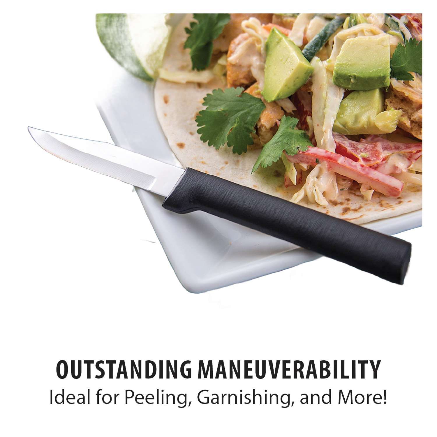 Black peeling paring knife with ergonomic handle displayed on a plate with fresh taco and vegetables for kitchenware under $50 collection